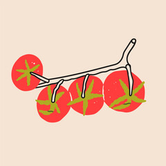 Fresh, juicy Tomatoes. Whole red cherry tomatoes on a branch. Hand drawn modern Vector illustration. Isolated design element. Healthy, natural food concept. Logo, icon, print, poster, sticker template