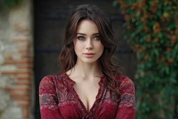 Fototapeta premium Brunette woman in red dress with blue eyes centered in frame against blurry backdrop