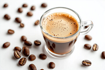 A hot cup of morning coffee with a rich espresso foam, isolated on a white table