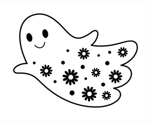 Retro Halloween ghost black and white doodle. Groovy spooky seasonal character, hand drawn vector illustration