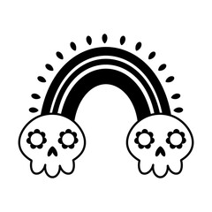 Black and white Halloween rainbow with skulls doodle. Spooky seasonal object, hand drawn vector illustration