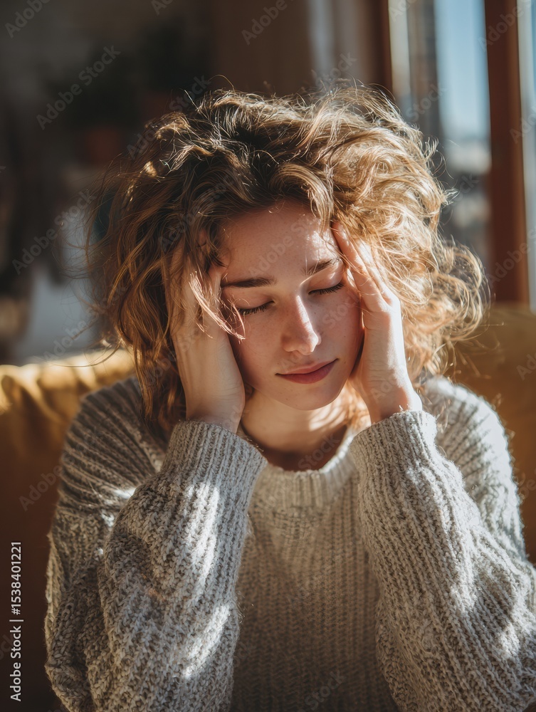 Poster navigating emotional overwhelm while practicing mindfulness in a cozy indoor space