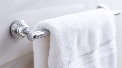 Soft white towel hanging on shiny chrome towel bar in clean bathroom setting