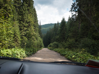 Dirt road in Carpathian mountains. Passenger's POV of driving rocky trail near Hoverla surrounded...