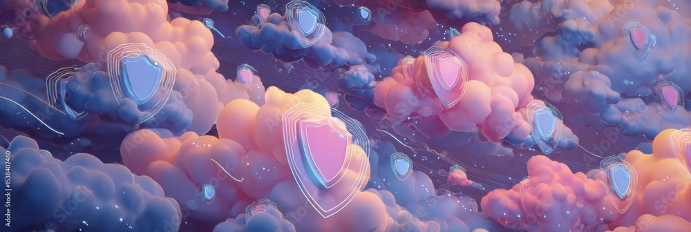 Poster cloud-based vault technology visualization featuring shields in a dreamy atmosphere with pastel colo