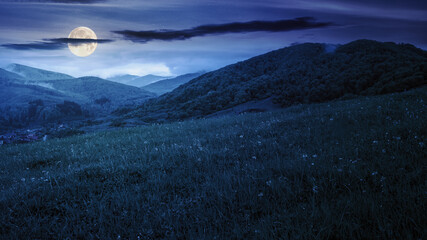 rural landscape in mountain at night. traditional pasture on the grassy slope in full moon light. starry sky with dark clouds