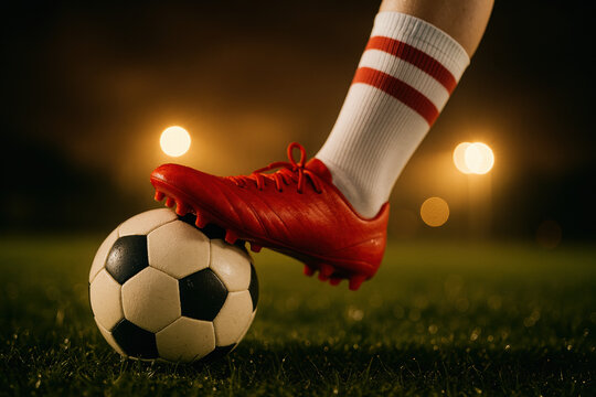 Soccer player prepares to kick black and white ball on grassy field at night under stadium lights, wearing red cleats and striped socks