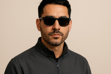 Fototapeta premium Confident man with dark hair and beard in black sunglasses wearing casual zip jacket against neutral background looking forward