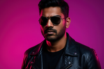 Obraz premium Confident man wearing black leather jacket and sunglasses standing against vibrant magenta background with intense expression
