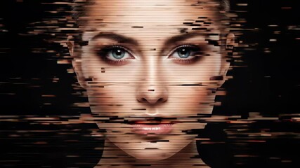 Young woman with digital glitch effect on face. Cyber breakdown and artificial intelligence concept. Corrupted data and virtual reality footage. - Powered by Adobe