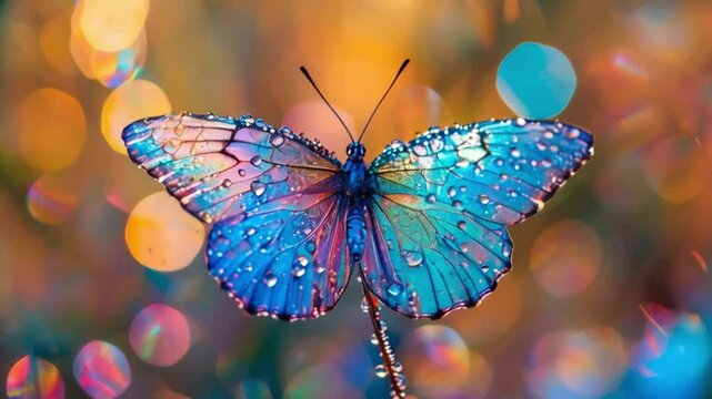 iridescent butterfly with intricate wing patterns macro photography dewdrops on wings soft bokeh background vibrant colors.