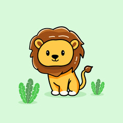 Adorable lion hand drawn icon illustration with cute pose isolated background