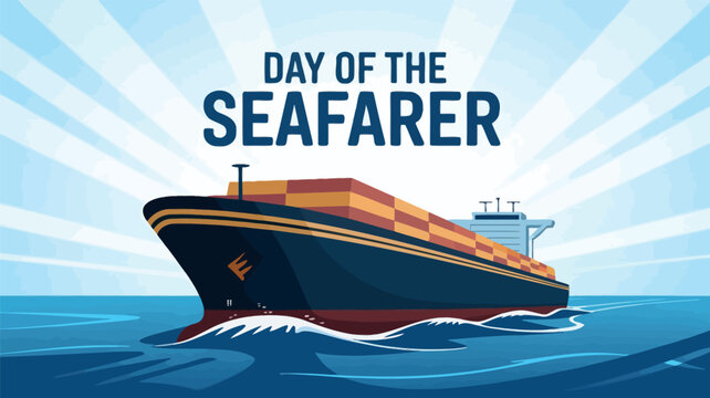 Day of the Seafarer Container Ship Illustration in Ocean Waves with Radiant Sky