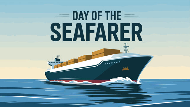 Day of the Seafarer Container Ship Illustration in Ocean Waves with Radiant Sky - Powered by Adobe