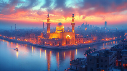 Obraz premium Floating Mosque at Sunset on River, City Skyline
