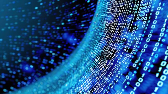 Blue binary data vortex with light trails. AI-generated.