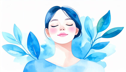 目を閉じる女性の顔と青色の植物、メンタルヘルスとセルフケアの水彩画風イラスト素材、生成AI画像