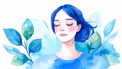 目を閉じる女性の顔と青色の植物、メンタルヘルスとセルフケアの水彩画風イラスト素材、生成AI画像