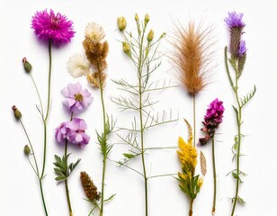 Set of wild flowers, flowering grass, natural field plants, color floral elements, beautiful