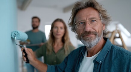 Fototapeta premium Three individuals work together to paint a wall light blue, showcasing teamwork and creativity in an airy room filled with natural light. They focus on the task with smiles