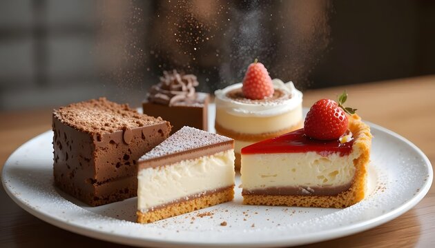 Delicious cheesecake dessert slices with strawberry chocolate and cream for sale online