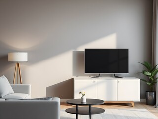 Modern Living Room Interior Mockup with TV Cabinet, Lamp, Table, and Indoor Plants