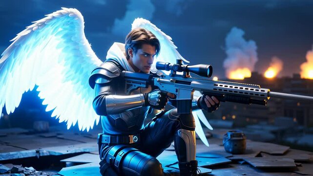 A man in a white outfit with a gun is holding a crossbow