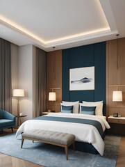 3d render of hotel room, bedroom
