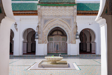 Courtyard views of the Mosque and University of al-Qarawiyyin in the old town Medina of Fez el...