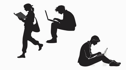 Black silhouette silhouettes of people reading a book and using laptops in various sitting and standing positions