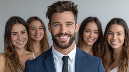 group of five professionals dressed in formal attire smiles confidently in a bright and modern office space