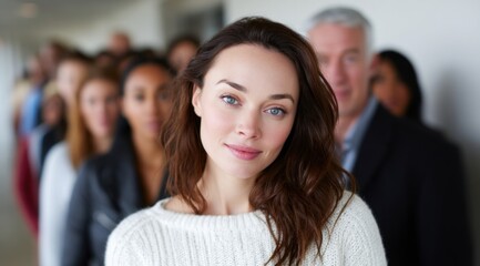 Obraz premium woman with long brown hair stands in the foreground smiling gently while a diverse group of people lines up behind her in a well-lit hallway during a social event