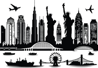 Big city skyline vector icons with white background