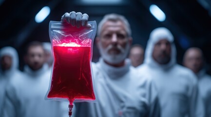 Researchers in protective suits focus on a blood sample held by a lead scientist in a dimly lit laboratory. surroundings suggest ongoing complex scientific work