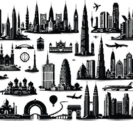 Big city skyline vector icons with white background