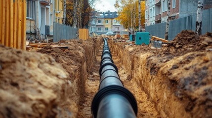 Modern construction of insulated pipes laid in trench for district heating system supplying residential buildings. Engineering infrastructure for urban home. Pipeline technology, thermal efficiency, i