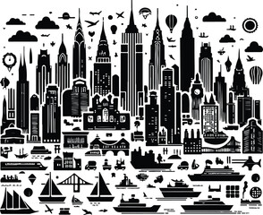 Big city skyline vector icons with white background
