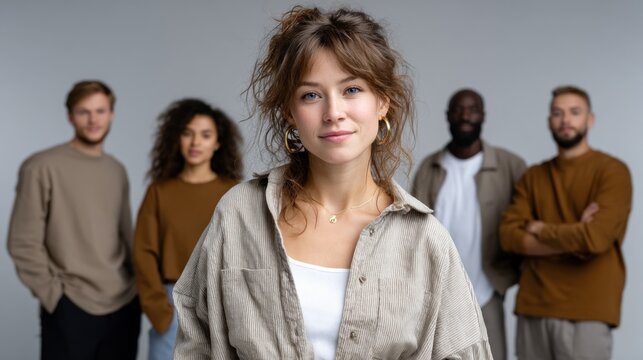 Five young adults stand together in a modern studio with neutral colors, expressing a sense of camaraderie. Their diverse styles and smiles highlight friendship and togetherness