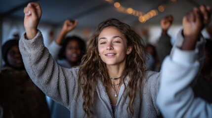 Participants express excitement and unity with raised fists during a lively celebration in a tent, creating a joyful atmosphere in the evening setting, reflecting shared enthusiasm and energy