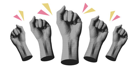 A bold pop art illustration of five clenched fists raised high, symbolizing strength, solidarity, and resistance.