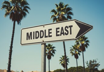 Fototapeta premium Middle East direction sign with palm trees on a sunny day.