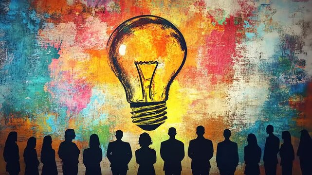 Diverse silhouettes of professionals in front of a colorful light bulb mural, symbolizing innovation and ideas