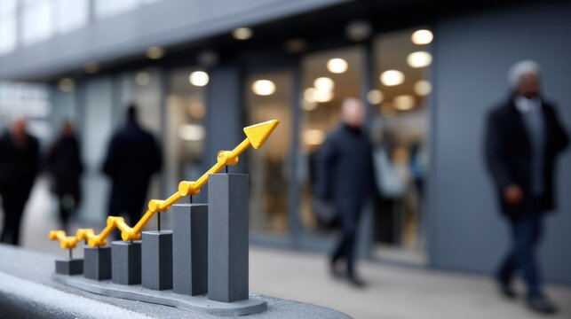 gray and yellow chart with an upward arrow is positioned prominently in the foreground, while diverse pedestrians walk past a modern urban building during daylight hours - Powered by Adobe