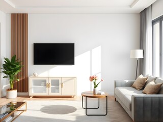 Modern Living Room Interior Mockup with TV Cabinet, Lamp, Table, and Indoor Plants