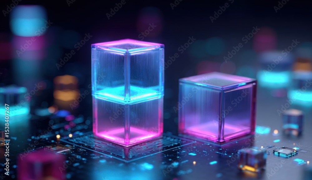 Poster Glowing Cubes Translucent Blocks on Dark Circuit Board Background