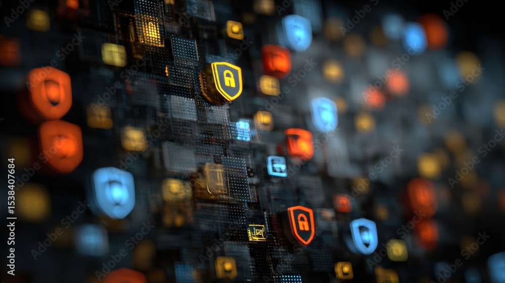 Poster Vault-style Cloud Storage Visualization With Colorful Shields Symbolizing Data Security and Protection Against Cyber Threats in a Digital Environment
