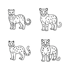 Cartoon outlined jaguars in various poses suitable for educational designs and creative projects