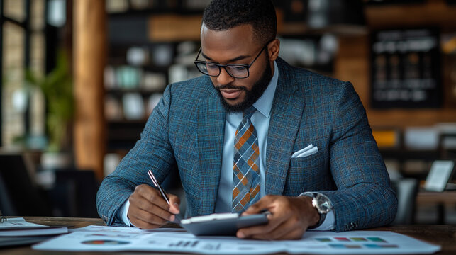 Focused businessman analyzing financial documents at a cafe.