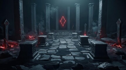 Sacrificial dungeon with bloodstained altars, demonic statues, and arcane symbols glowing with dark energy