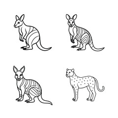 Simple line art illustrations of kangaroos and a cheetah in black and white styles